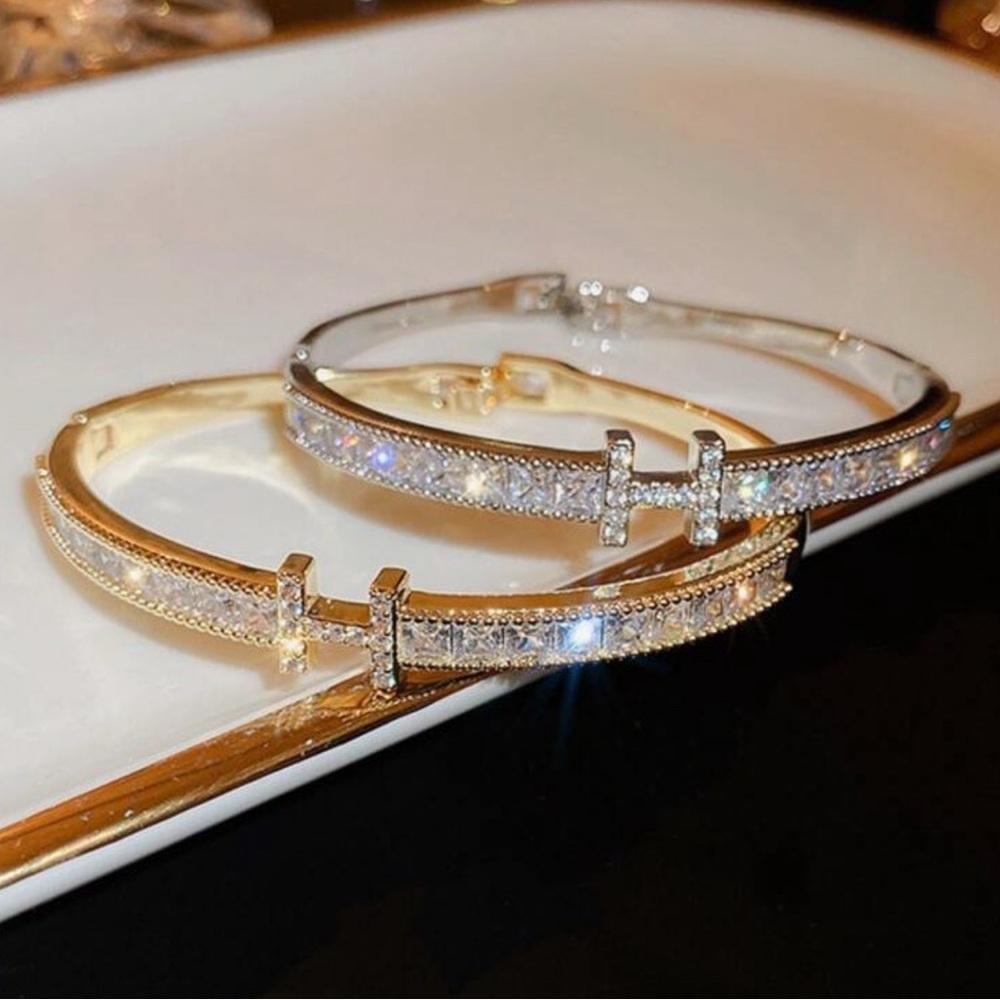 Silver Plated Stainless Steel CZ Bangle Bracelet | Sparkling Statement Jewelry H - Picture 3 of 5